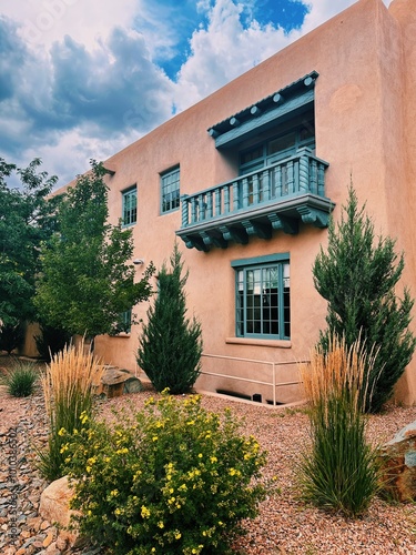 Adobe building with blue trim