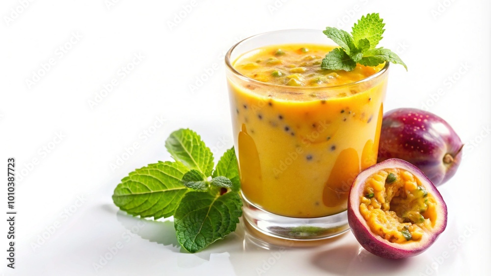 A glass of refreshing passion fruit smoothie garnished with mint leaves and whole passion fruits on a white background. A glass of refreshing passion fruit smoothie garnished with mint leaves and whole passion fruits on a white background.
