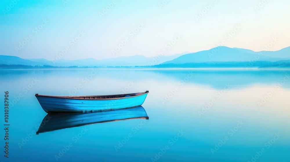 A serene blue boat floats effortlessly on a lake, while soft hues create a dreamy backdrop. A serene blue boat floats effortlessly on a lake, while soft hues create a dreamy backdrop.