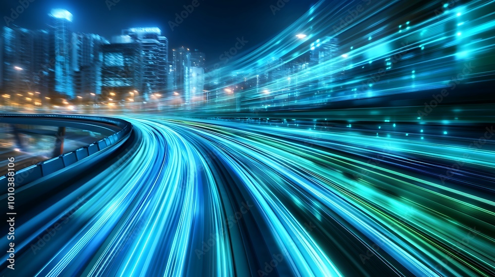 Naklejka premium A night cityscape with glowing blue streaks of light representing fast speed and motion on an empty road.