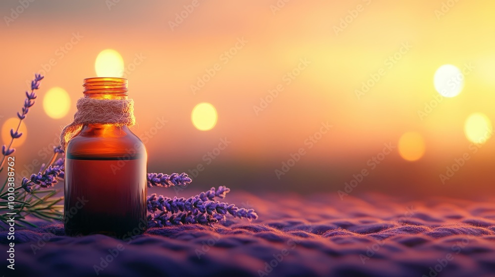 A serene scene featuring a lavender essential oil bottle against a cozy knitted texture, bathed in warm light. A serene scene featuring a lavender essential oil bottle against a cozy knitted texture, bathed in warm light.