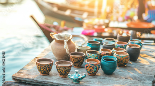 Traditional Thai coffee setup with colorful cups and pot on wooden table by water, capturing essence of local culture and craftsmanship photo