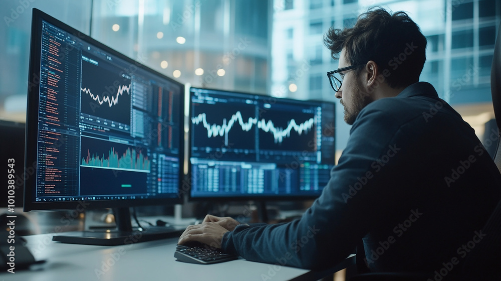 Financial analyst examining stock market trends on a computer in a modern workspace. Financial analyst examining stock market trends on a computer in a modern workspace.