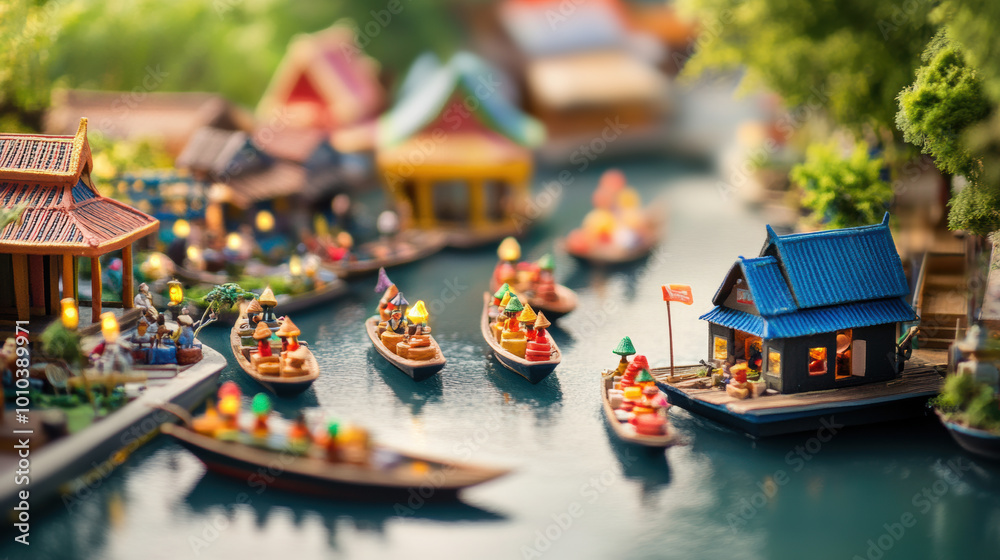Fototapeta premium vibrant floating market scene with colorful boats selling handmade goods, surrounded by lush greenery and traditional structures. lively atmosphere captures essence of local culture and commerce