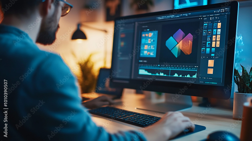 Graphic designer working on visual concepts for a branding project on a desktop computer.