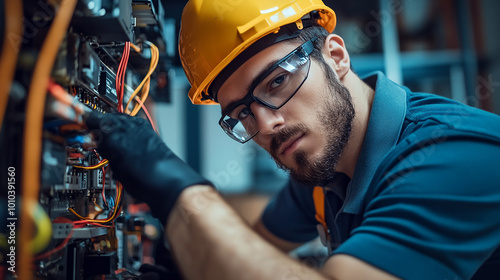 IT technician installing and configuring hardware systems in a corporate office. photo