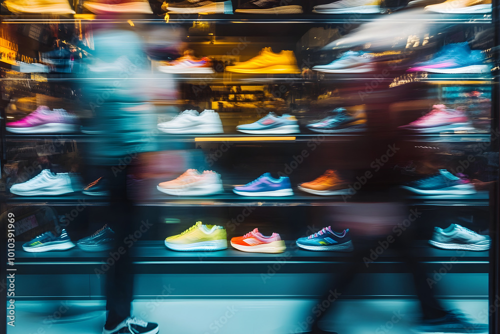 Φωτογραφία Blurred motion captures the hustle of shoppers passing a vibrant sneaker display, showcasing a colorful array of trendy footwear in a dynamic retail environment