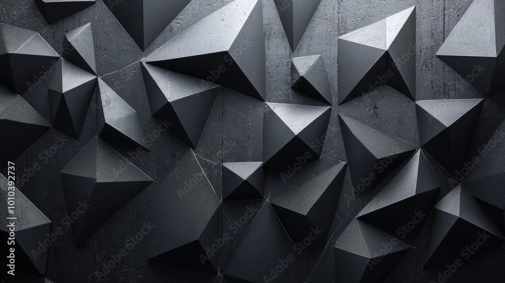 3D geometric black diamond pattern, sharp triangular shapes forming a gradient on a dark textured background, abstract wallpaper, high contrast, futuristic digital art 3D geometric black diamond pattern, sharp triangular shapes forming a gradient on a dark textured background, abstract wallpaper, high contrast, futuristic digital art