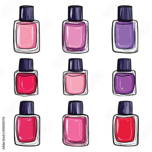 set of Nail polish bottles in various colors, vector illustration