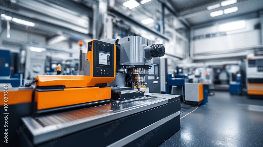 A bright and vibrant production hall with streamlined CNC machines, autonomous robots in motion, and a clean, technologically enhanced atmosphere A bright and vibrant production hall with streamlined CNC machines, autonomous robots in motion, and a clean, technologically enhanced atmosphere