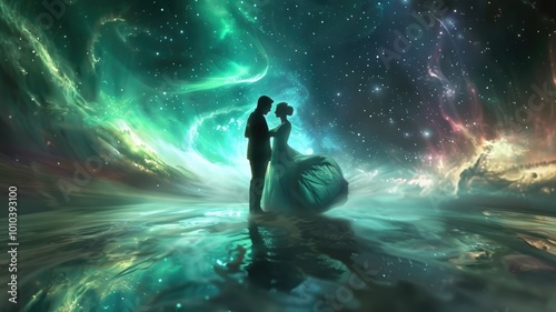 Silhouettes image of a couple dancing with a colorful cosmic background. Abstract image of lover dancing underneath moon with glowing starry sky and cloud. Digital artwork of Romantic concept. AIG53.