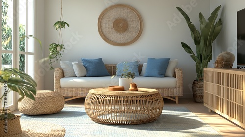 A Boho-Style Decorated Living Room in White with Wicker and Blue Accents photo