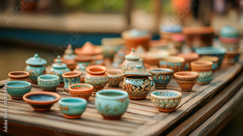 Handmade Thai pottery displayed on wooden boat, showcasing intricate designs and vibrant colors. unique craftsmanship reflects rich cultural heritage of Thailand