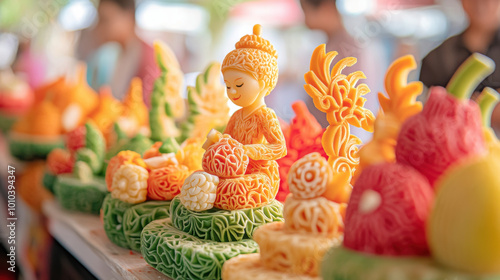 Intricately carved fruit sculptures showcase vibrant colors and artistic designs, featuring serene figure in traditional pose. These beautiful creations reflect cultural craftsmanship and creativity