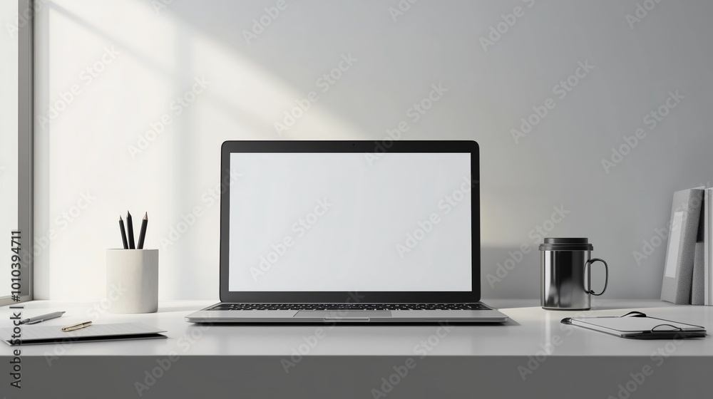 A sleek laptop mockup on a silver desk, with minimal accessories, invites creativity in soft lighting. A sleek laptop mockup on a silver desk, with minimal accessories, invites creativity in soft lighting.