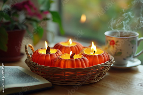 A wicker basket with candles in the shape of a pumpkin.