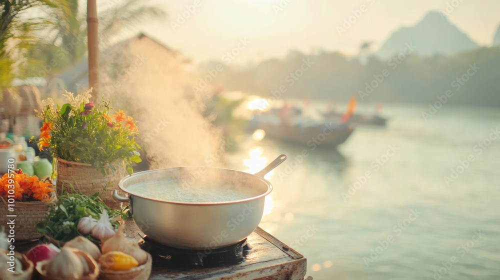 vendor stirring pot of coconut curry on boat, surrounded by fresh ingredients and serene river view. warm sunlight creates peaceful atmosphere vendor stirring pot of coconut curry on boat, surrounded by fresh ingredients and serene river view. warm sunlight creates peaceful atmosphere