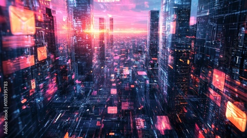 A futuristic city buzzing with holographic mail sent through virtual pathways, viewed from above, showcasing fast-paced communication tech advanced tone Complementary Color Scheme