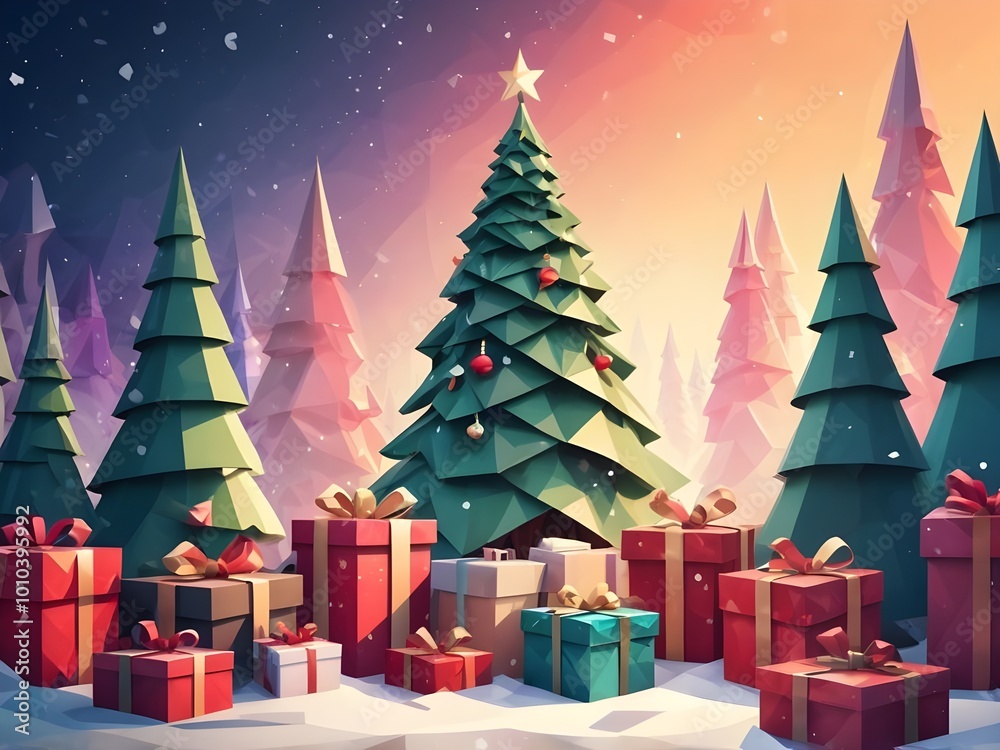Εκτύπωση καμβά abstract Low poly Christmas tree and gifts Christmas and New year Greeting Card