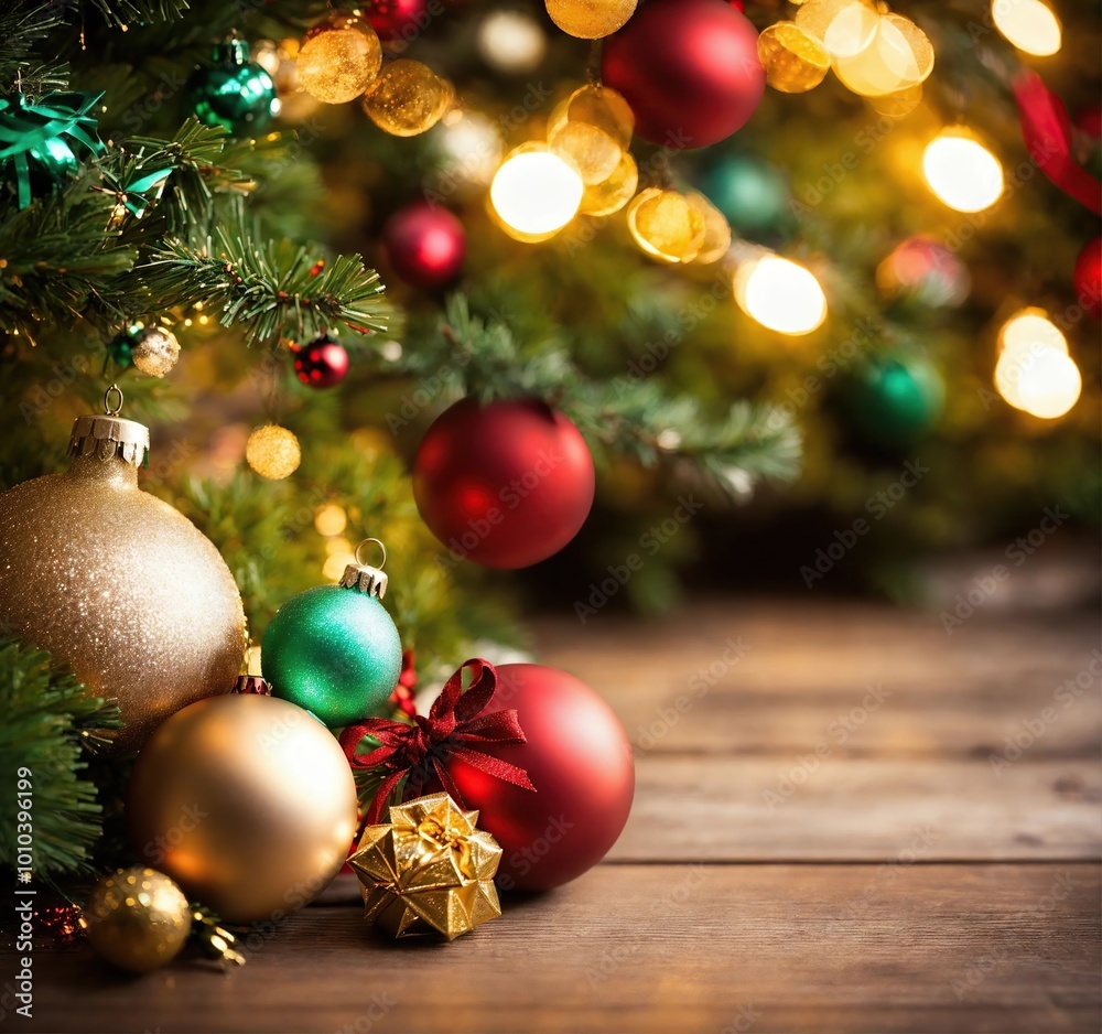 Elegant Christmas balls and gifts on a tree background. Elegant Christmas balls and gifts on a tree background.