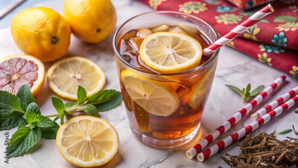 Iced tea with lemon and mint on a marble background. Iced tea with lemon and mint on a marble background.