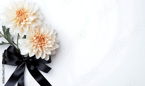 beautiful chrysanthemum flowers and black ribbon on white background, condolence card with copy space for text 