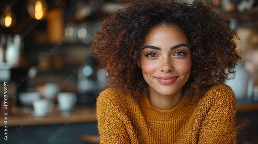 A smiling woman with curly hair in a cozy café setting. A smiling woman with curly hair in a cozy café setting.