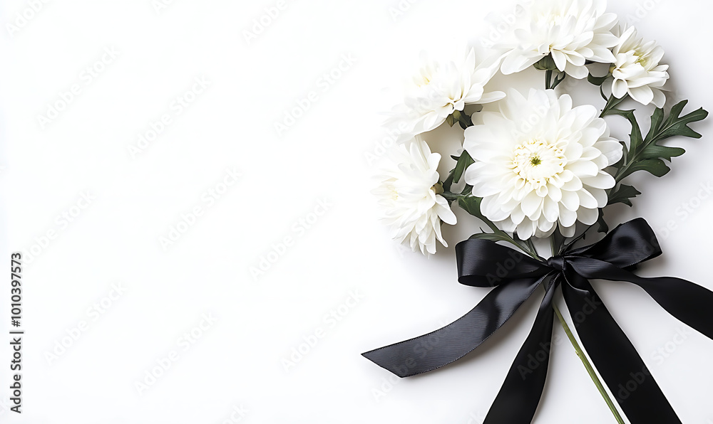 Εκτύπωση καμβά beautiful chrysanthemum flowers and black ribbon on white background, condolence