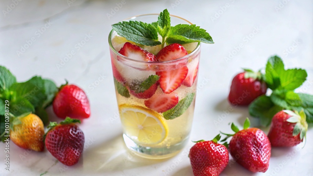 Refreshing summer drink with strawberries, lemon, and mint in a glass with ice.