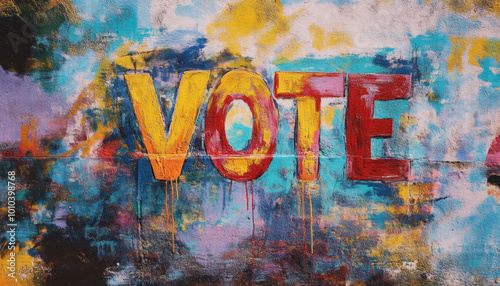 Colorful graffiti art of the word 'VOTE' on an urban wall, featuring vibrant splashes of yellow, red, and blue for a bold, inspiring street message. photo