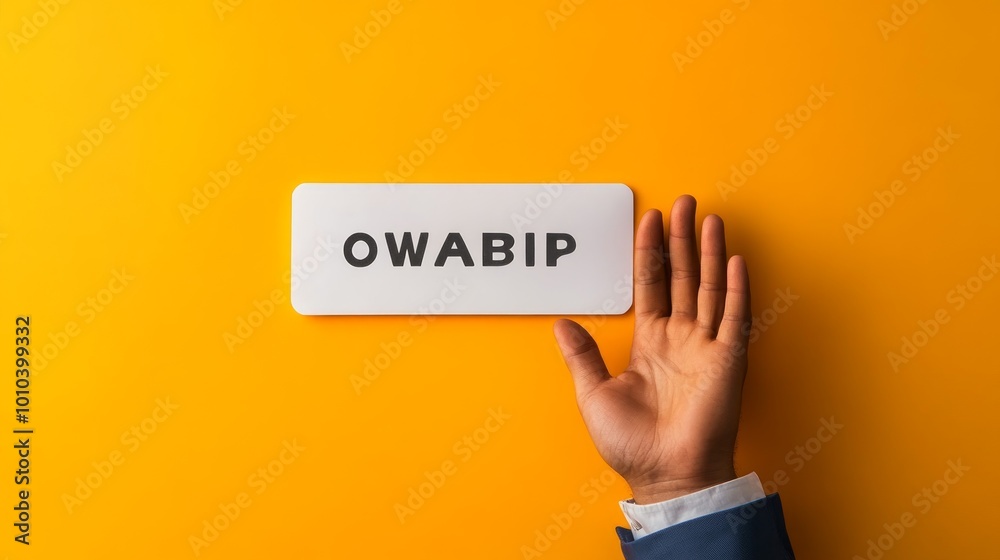 A hand reaching for a white rectangular button with the text 'OWABIP' written on it, set against a bright yellow background. A hand reaching for a white rectangular button with the text 'OWABIP' written on it, set against a bright yellow background.