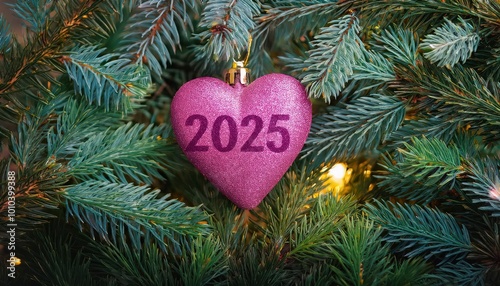 Pink heart ornament with 2025 hanging on evergreen branches.