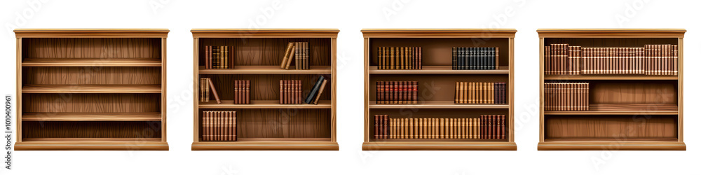 Collection of wooden bookshelves with varying book arrangements on a white isolate background., transparent background Collection of wooden bookshelves with varying book arrangements on a white isolate background., transparent background
