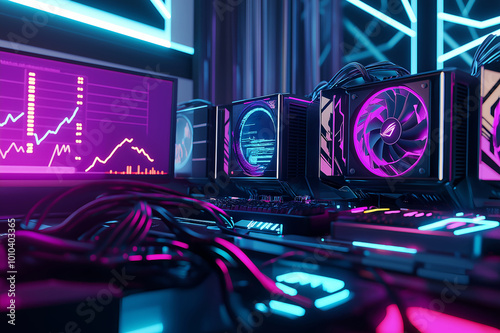 a krypton currency mining setup features multiple computer rigs, each equipped with glowing fans in vibrant neon pink and blue. the cables are neatly organized