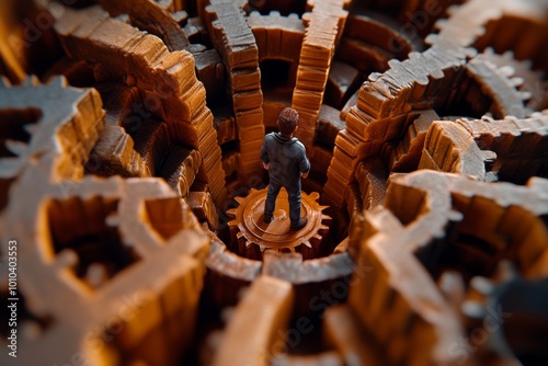 3D digital model of a person standing in a maze of gears, each one turning the others in a detailed, animated scene representing the mechanics of determinism photo