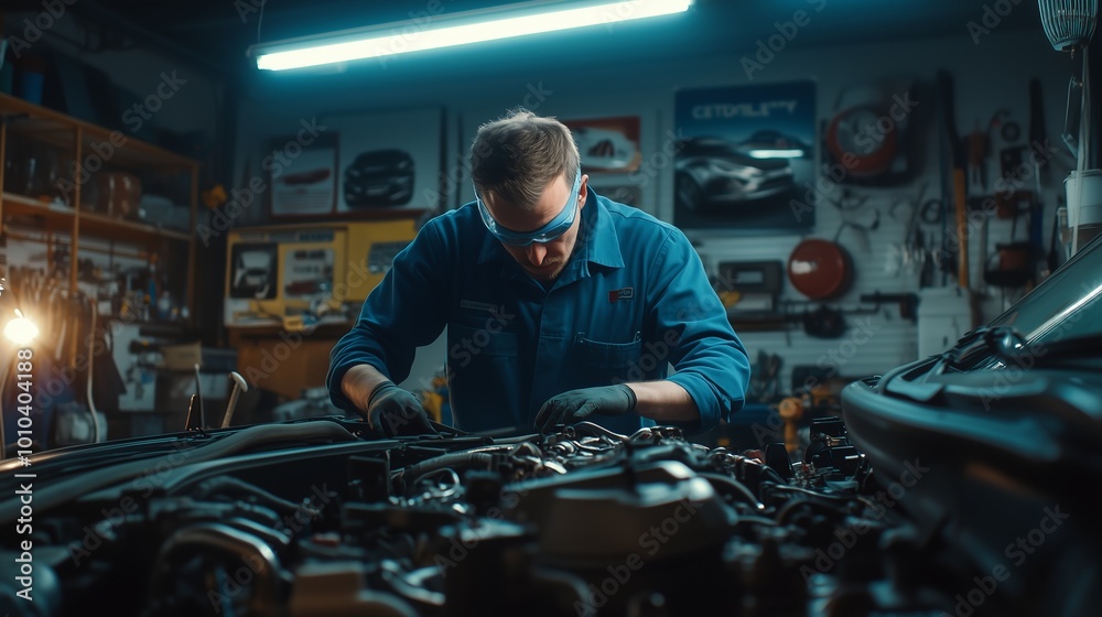 A mechanic in a blue jumpsuit inspects an engine in a vibrant, organized garage. A mechanic in a blue jumpsuit inspects an engine in a vibrant, organized garage.
