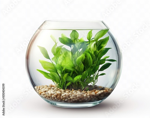 A Glass Round Fish Tank with Green Plants Inside on a White Background photo