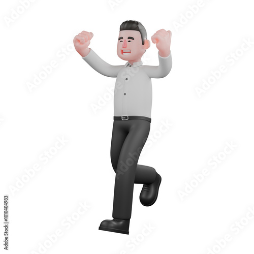 Cartoon Professional Businessman Illustration. A male businessman is walking while raising both his hands which look like they are clenched into fists. 3D Male