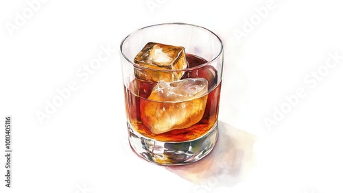 a watercolor illustration on white background of an old fashioned with a single large ice cube in a rocks glass as seen from slightly above