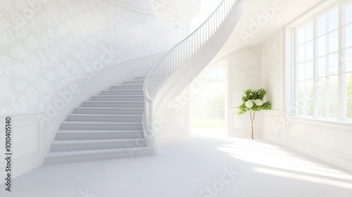 A white staircase leads up to a room with a large window and a potted plant