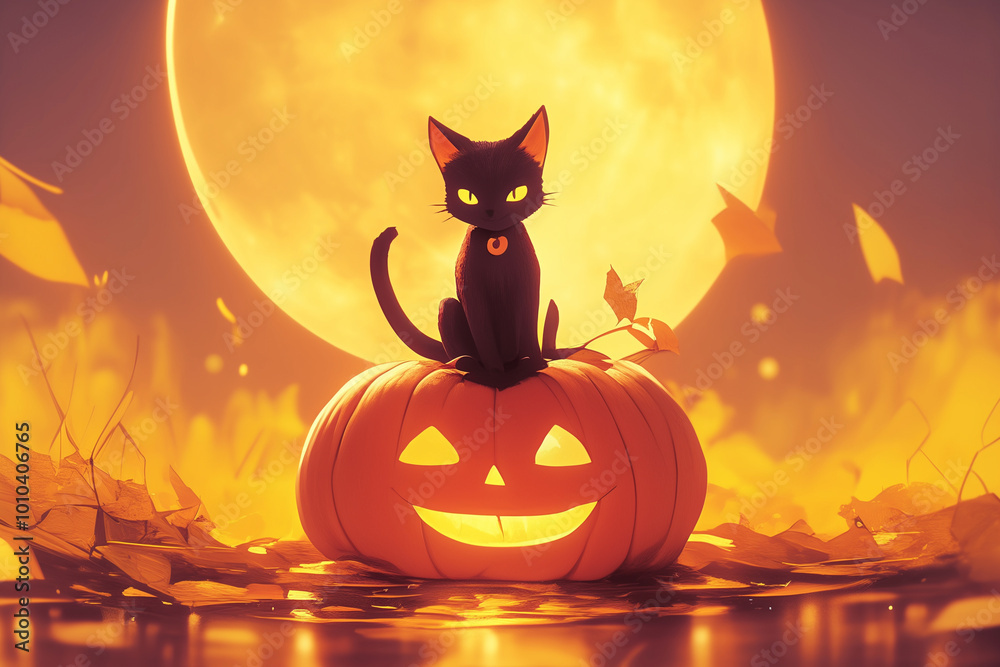 Black Cat Sitting on Jack-O'-Lantern Under Full Moon Black Cat Sitting on Jack-O'-Lantern Under Full Moon