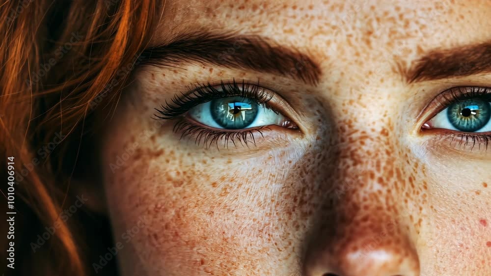 A close-up of a woman's blue eyes with freckles A close-up of a woman's blue eyes with freckles