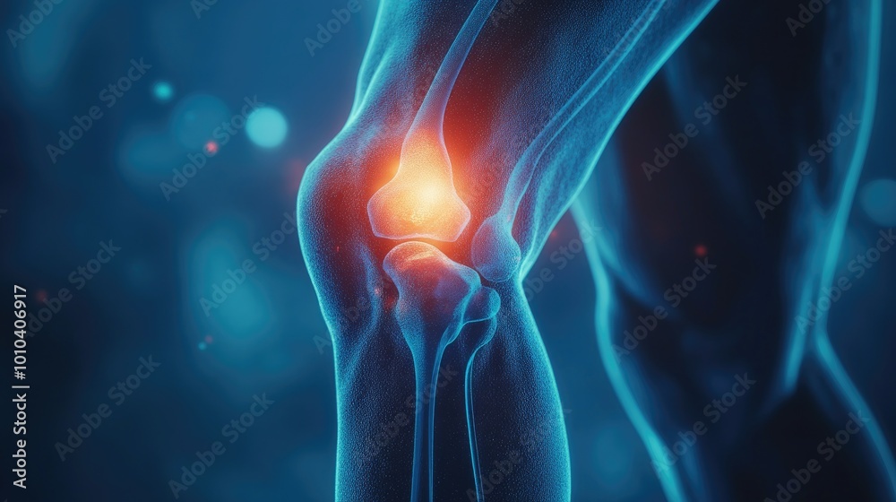 A 3D rendering of the human knee joint, showcasing pain in the cartilage and ligaments, ideal for educational or medical content. A 3D rendering of the human knee joint, showcasing pain in the cartilage and ligaments, ideal for educational or medical content.