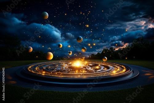 A cosmic clock in the night sky, with stars and planets moving in perfect mechanical order, symbolizing the universe itself governed by deterministic forces in a magical, surreal scene photo