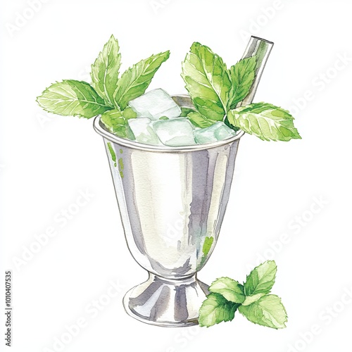 Refreshing mint julep cocktail in a silver cup