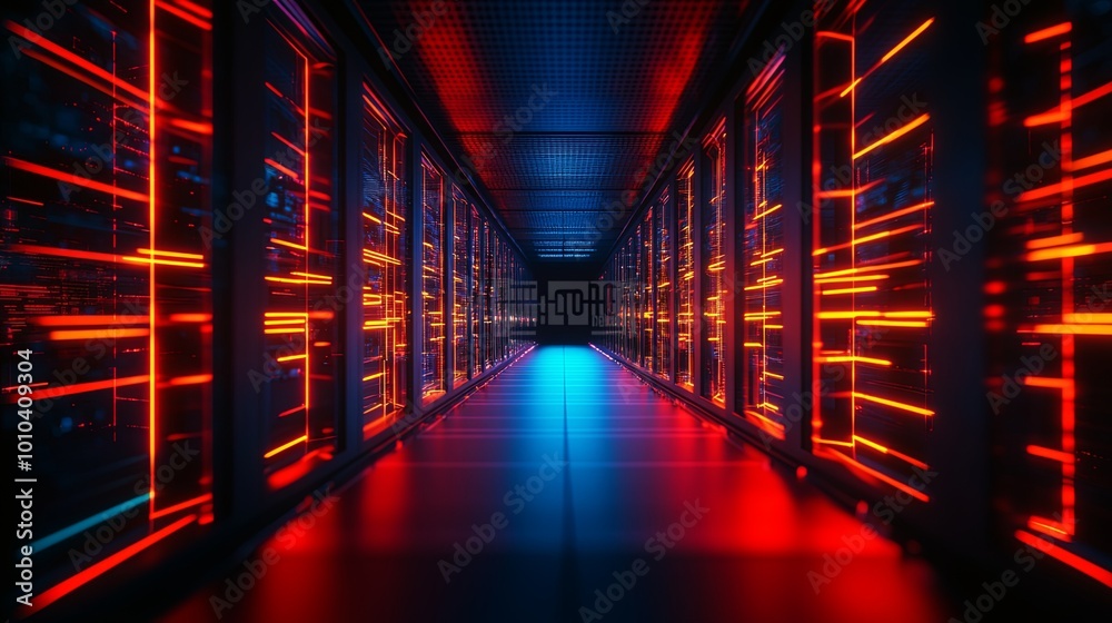 Futuristic data center corridor with vibrant lighting Futuristic data center corridor with vibrant lighting