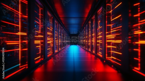 Futuristic data center corridor with vibrant lighting