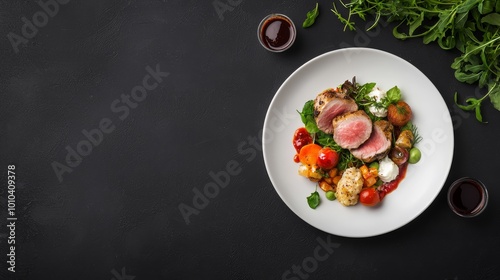 Gourmet meal served on a white plate with fresh vegetables and wine. photo