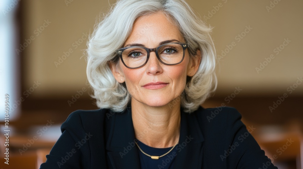 Fototapeta premium Confident professional woman with silver hair and glasses