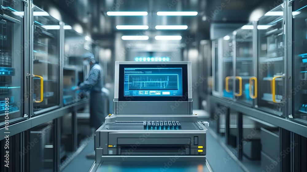 Automated food testing station using advanced electromagnetic sensors, holographic displays showing food safety results, clean metallic factory setting Automated food testing station using advanced electromagnetic sensors, holographic displays showing food safety results, clean metallic factory setting